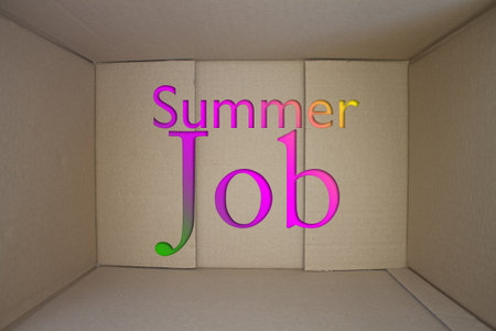 Summer Job word with cardboard box. Brown folded cardbox.