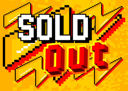 Sold Out. Pixelated word with geometric graphic background. Vector cartoon illustration.