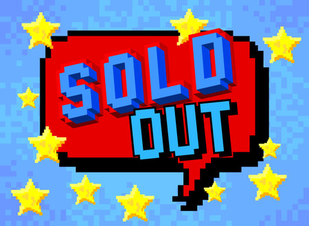 Sold Out. Pixelated word with geometric graphic background. Vector cartoon illustration.