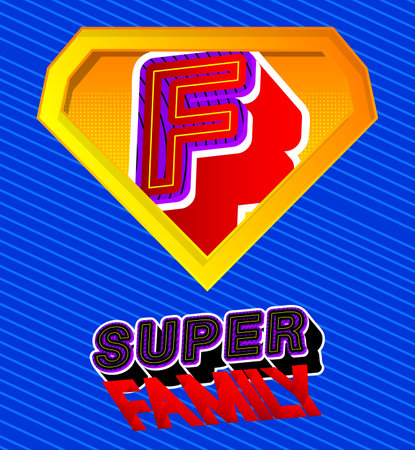 Superhero coat of arms showing Family icon. Colorful comic book style vector illustration.のイラスト素材