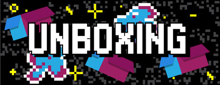 Unboxing. Pixelated word with geometric graphic background. Vector cartoon illustration.