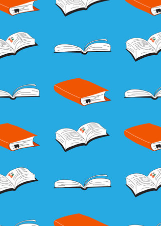 Old books on blue colored background. Card or banner vector illustration background, texture.のイラスト素材