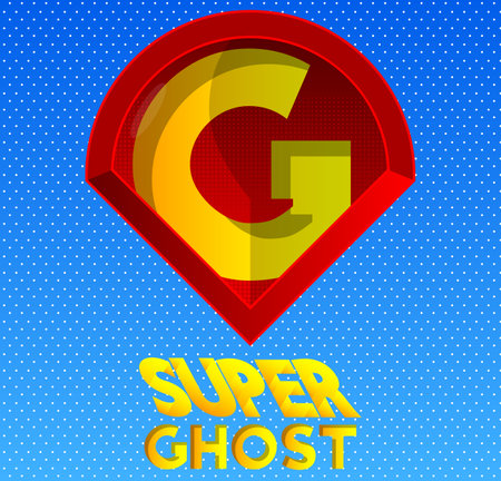 Superhero coat of arms showing Super Ghost icon. Colorful comic book style vector illustration.のイラスト素材
