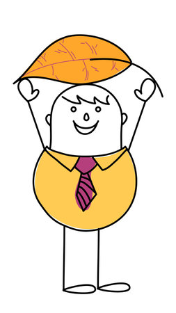Hand drawn Cartoon Man holding a big orange Autumn leaf above his head.のイラスト素材