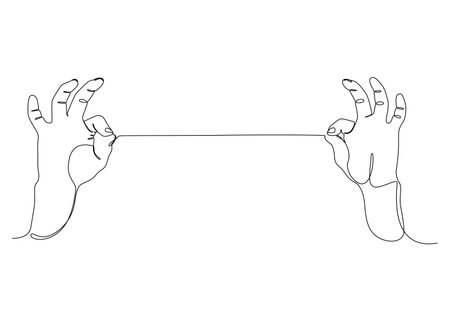 One continuous line drawing of two hand holding a string. Thin Line Illustration vector concept. Contour Drawing Creative ideas.のイラスト素材