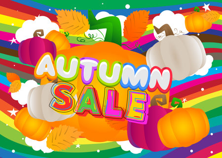 Autumn Sale. Vector illustration. Word written with Children's font in cartoon style. Special deal, season offer banner. Clearance, Discount Poster. Business, Store Event.のイラスト素材