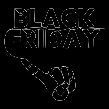 One continuous line of index finger pointng at Black Friday word. Thin Line Illustration vector concept. Contour Drawing Creative ideas.のイラスト素材