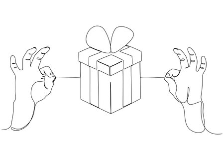 One continuous line of two hand holding a string with Gift Box. Thin Line Illustration vector concept. Contour Drawing Creative ideas.のイラスト素材