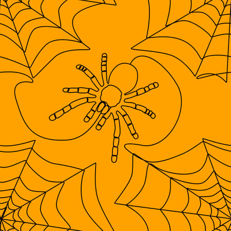 Abstract Seamless pattern of one continuous line Spider and Spider web. Thin Line Illustration vector concept. Contour Drawing Creative ideas.のイラスト素材