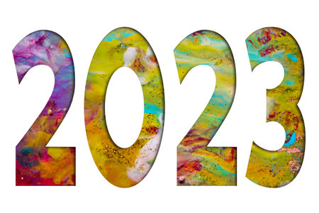 Abstract Natural Luxury art, fluid painting with the number 2023, alcohol ink technique. Image incorporates the swirls of marble granite.の写真素材