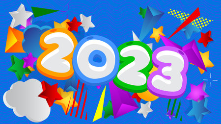 2023. Number written with Children's font in cartoon style.