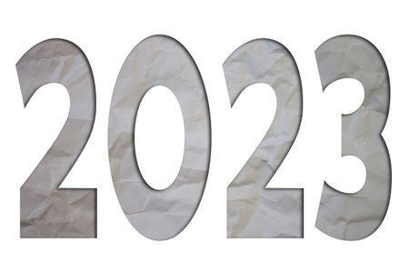 The number 2023 with Torn, Crumpled White Paper on colored background.