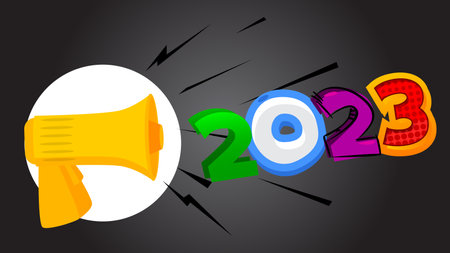 Number 2023 with cartoon Megaphone. Vector Announcement illustration.
