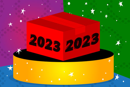 Number 2023 with cardboard box. Vector cartoon folded card box illustration.のイラスト素材