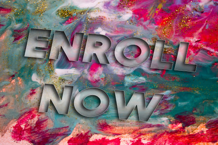 Abstract Natural Luxury art, fluid painting with Enroll Now text, alcohol ink technique. Image...
