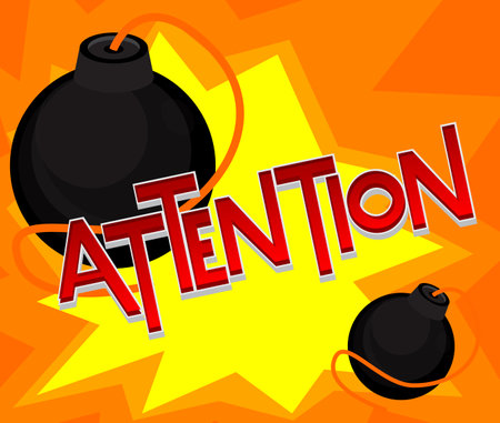 Attention text with black Bomb. Cartoon Vector Illutration.