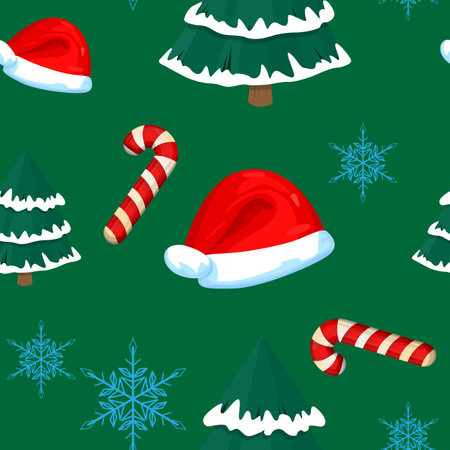 Christmas Seamless pattern winth Snowflake, Sant Hat, Pine Tree and Snowman. Winter Holiday Vector...