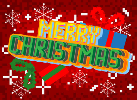 Merry Christmas. Pixelated word with geometric graphic background. Vector cartoon illustration.のイラスト素材
