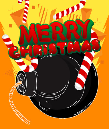 Merry Christmas text with black Bomb. Cartoon Vector Illutration.のイラスト素材