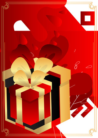 Luxury deluxe red, gold gift box background. Christmas, Birthday, Valentine's Day, Anniversary illustration. Holiday event poster template.のイラスト素材