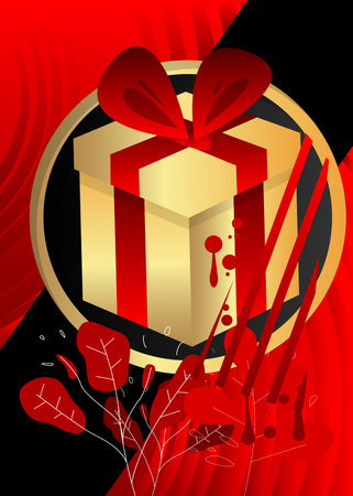 Luxury deluxe red, gold gift box background. Christmas, Birthday, Valentine's Day, Anniversary illustration. Holiday event poster template.のイラスト素材