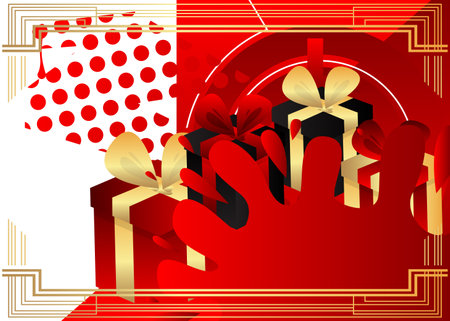 Luxury deluxe red, gold gift box background. Christmas, Birthday, Valentine's Day, Anniversary illustration. Holiday event poster template.のイラスト素材