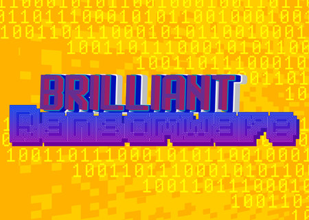 Brilliant Ransomware. Pixelated word with geometric graphic background. Vector cartoon illustration.