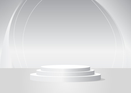 White cylinder pedestal podium. Abstract Mockup product display. Stage showcase for product display presentation. Realistic vector 3D room. Futuristic Sci-fi minimal geometric forms, empty scene.のイラスト素材