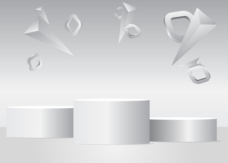 White cylinder pedestal podium. Abstract Mockup product display. Stage showcase for product display presentation. Realistic vector 3D room. Futuristic Sci-fi minimal geometric forms, empty scene.のイラスト素材