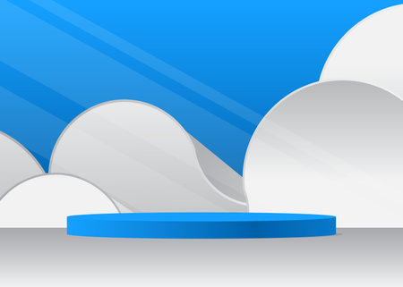 Blue, White product display. Vector 3D room, cylinder pedestal podium. Stage showcase for presentation. Futuristic Sci-fi minimal geometric forms, empty scene.のイラスト素材