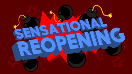 Sensational Reopening text with black Bomb. Cartoon Vector Illutration.のイラスト素材
