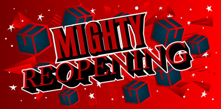 Mighty Reopening word with cardboard box. Vector cartoon folded card box illustration.