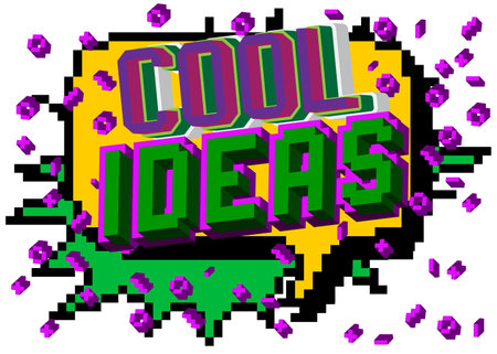Cool Ideas. Pixelated word with geometric graphic background. Vector cartoon illustration.