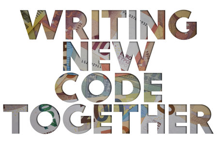 Writing New Code Together word with money. Paper currency background with different banknotes.の写真素材