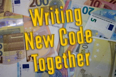 Writing New Code Together word with money. Paper currency background with different banknotes.
