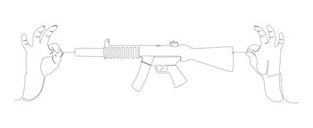 One continuous line of two hand holding a string with Machine Gun. Thin Line Illustration vector concept. Contour Drawing Creative ideas.のイラスト素材