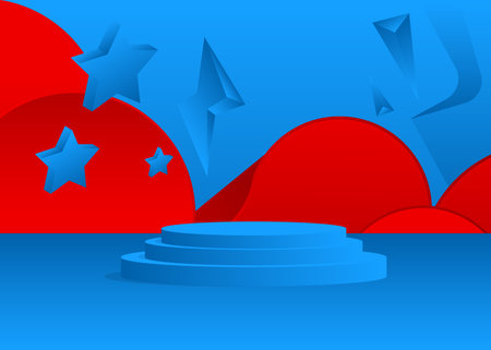 Dark Blue and Red Mockup product display. Vector 3D room, cylinder pedestal podium. Stage showcase for presentation. Futuristic Sci-fi minimal geometric forms, empty scene.のイラスト素材
