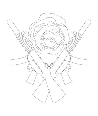 One continuous line of a Machine Gun with Rose. Thin Line Illustration vector concept. Contour Drawing Creative ideas.のイラスト素材