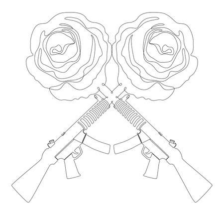 One continuous line of a Machine Gun with Rose. Thin Line Illustration vector concept. Contour Drawing Creative ideas.のイラスト素材