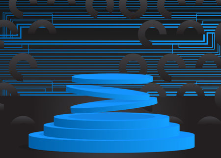 Abstract Mockup product display. Black and Blue vector 3D room, cylinder pedestal podium. Stage showcase for presentation. Futuristic Sci-fi minimal geometric forms, empty scene.のイラスト素材