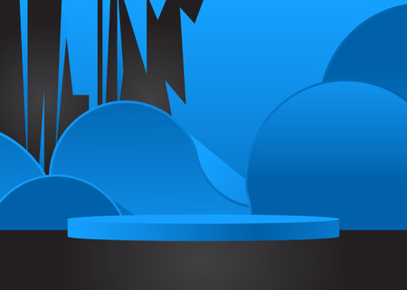 Abstract Mockup product display. Black and Blue vector 3D room, cylinder pedestal podium. Stage showcase for presentation. Futuristic Sci-fi minimal geometric forms, empty scene.のイラスト素材