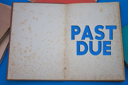 Past Due word in opened book with vintage, natural patterns old antique paper design.の写真素材