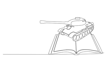 One continuous line of Opened Book and Armored Tank. Thin Line Illustration vector concept. Contour Drawing Creative ideas.のイラスト素材