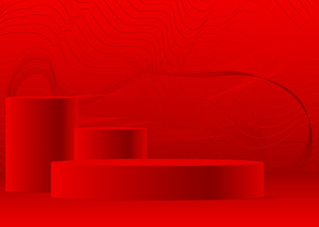 Red Realistic Mockup product display. Abstract vector 3D room, cylinder pedestal podium. Stage showcase for presentation. Futuristic Sci-fi minimal geometric forms, empty scene.のイラスト素材