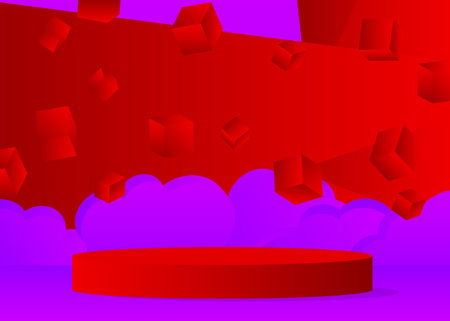 Mockup product display. Abstract red and purple vector 3D room. Stage showcase, cylinder pedestal podium for presentation. Futuristic Sci-fi geometric forms, empty scene.のイラスト素材