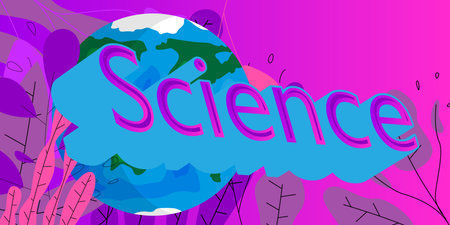 Planet Earth with Science text. Cartoon Space, cosmos. Vector cartoon illustration.
