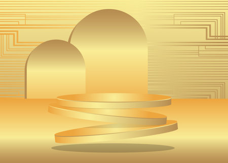 Gold product display. Vector 3D golden room, cylinder pedestal podium. Stage showcase for presentation. Futuristic Sci-fi minimal geometric forms, empty scene.のイラスト素材