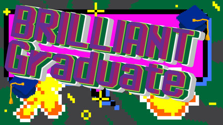 Brilliant Graduate. pixelated word with geometric graphic background. Vector cartoon illustration.