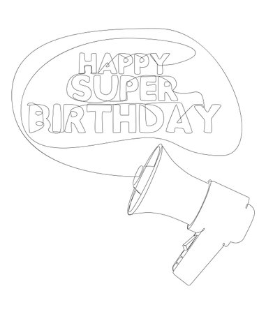 One continuous line of Megaphone with Happy Super Birthday text. Thin Line Illustration vector concept. Contour Drawing Creative ideas.のイラスト素材