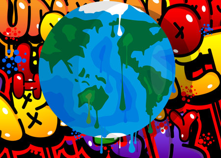 Planet Earth Graffiti. Abstract modern street art decoration illustration performed in urban painting style.のイラスト素材